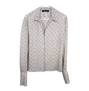 Vintage Jones New York Blouse Beige Women Size 12 Polka Dot 100% Silk Button Up